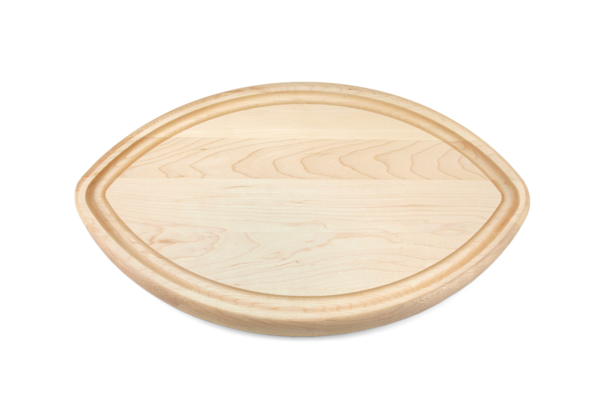 Football shaped cutting board with juice groove