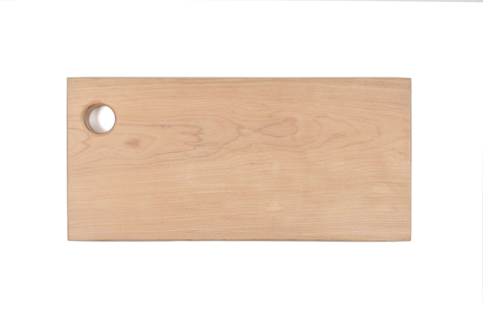 Artisan wood cutting board with hole