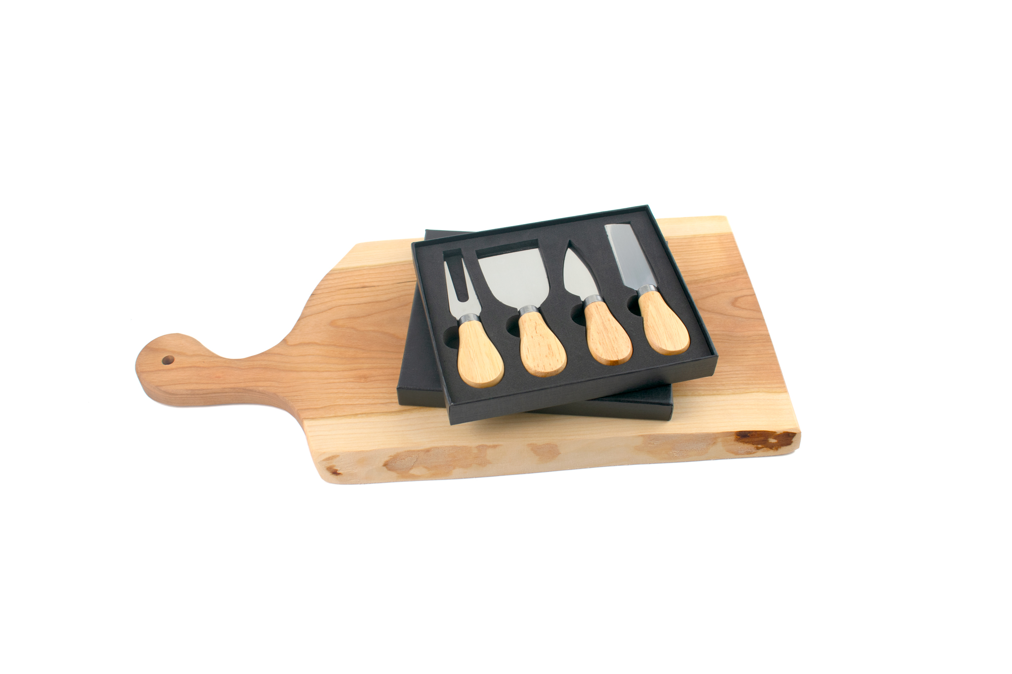 Large Live Edge Artisan Serving Board with 4-Piece Wood Cheese Knife Set